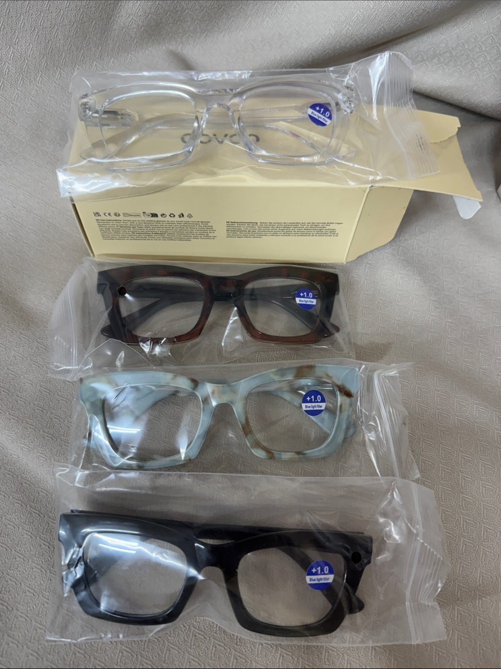 Clear, Tortoiseshell, Blue Marble & Black Reading Glasses - +1.0 Strength